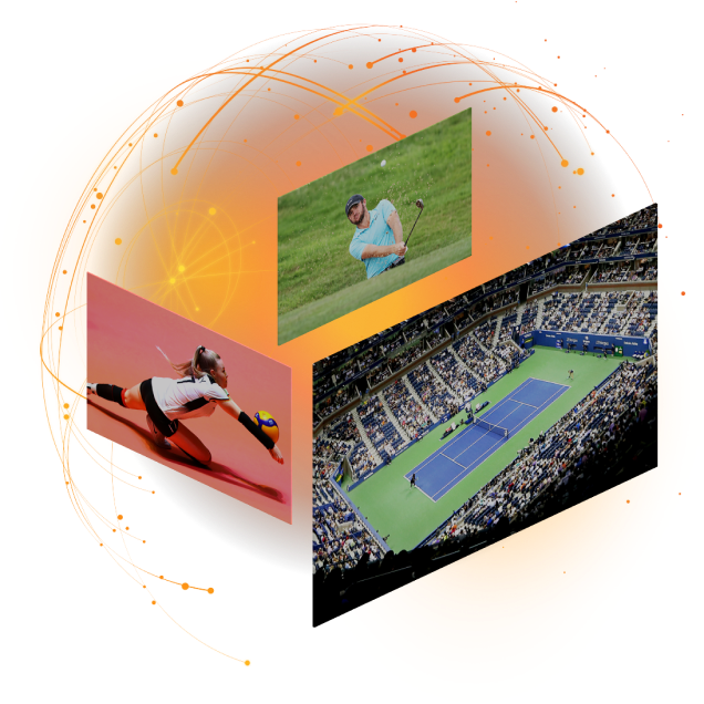 Images of a volleyball player, golfer and stadium of people at a tennis match
