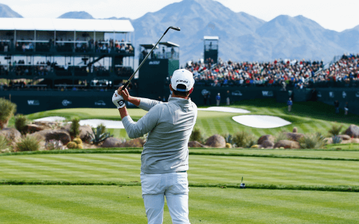 professional golfer with club raised above his head after hitting the ball in front of a crowd