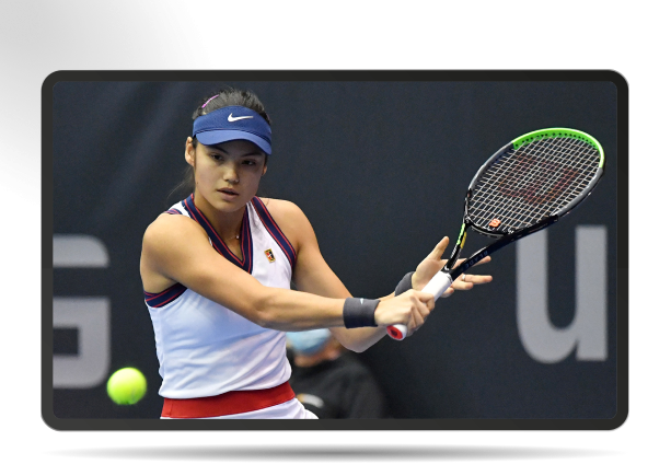 Professional tennis player about to hit the ball, displayed on a tablet screen